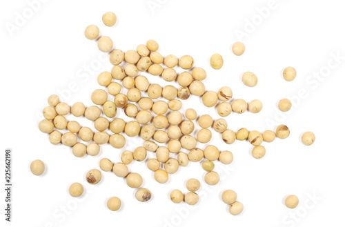 Organic raw soy, soybeans isolated on white background, top view