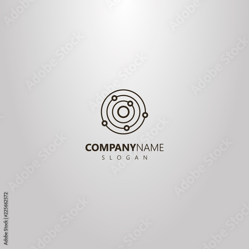 black and white simple vector outline logo of line art planet with satellites