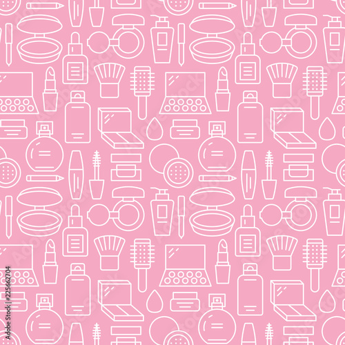 Makeup beauty care pink white seamless pattern with flat line icons. Cosmetics illustrations of lipstick, mascara, eyeshadows, foundation nail polish. Cute repeated wallpaper signs make up store.