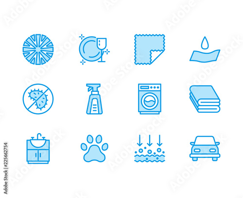 Microfiber cloth properties flat line icons. Absorbing material, dust cleaning, washable, antibacterial, clean detergent illustrations. Thin signs for napkin package.