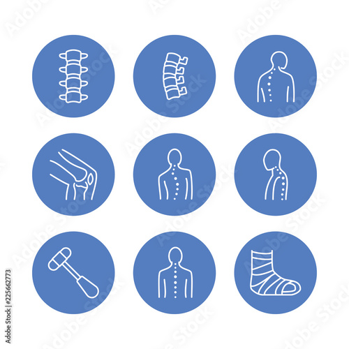 Spine, backbone line icons. Orthopedics clinic, medical rehab, back trauma, broken bone, posture correction scoliosis. Health care hospital circle signs, logo.