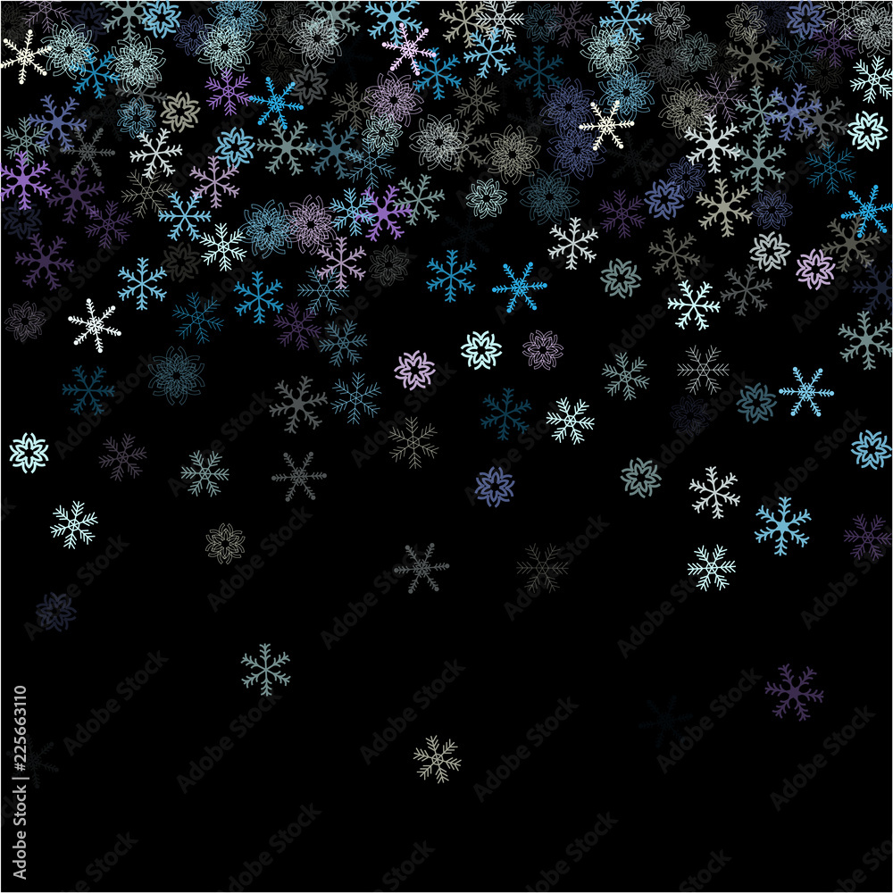 Falling down snow confetti, snowflake vector border. Festive winter, Christmas, New Year sale background. Cold weather, winter storm, scatter texture. Hipster snowfall falling snowflakes cool confetti