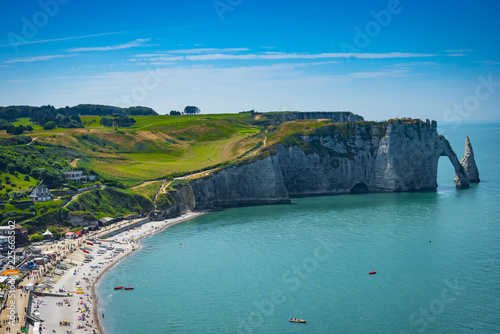 Spectacular natural cliffs Aval of Etretat and beautiful famous coastline, Normandy, France, Europe.