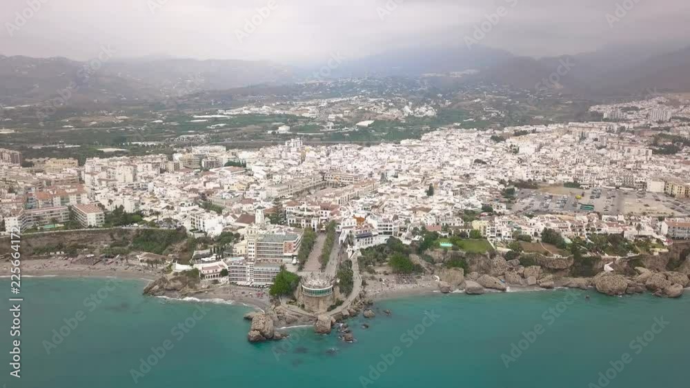 Aerial view of beautiful Nerja Malaga Spain Costa del Sol touristic holiday destination Balcon de Europa area Aerial view of beautiful Nerja Malaga Spain Costa del Sol touristic holiday destination Balcon de Europa area