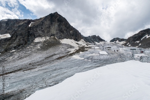 Stubaier Glacier in Austria in summer, showing glacier protection with with white blankets against melting..