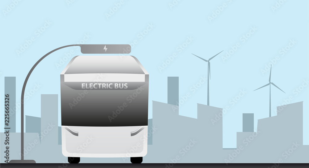 Futuristic electric bus at a stop is charged by pantograph. Vector illustration EPS 10 Futuristic electric bus at a stop is charged by pantograph. Vector illustration EPS 10