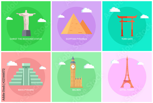Torii Gate and Maya Pyramid Vector Illustration