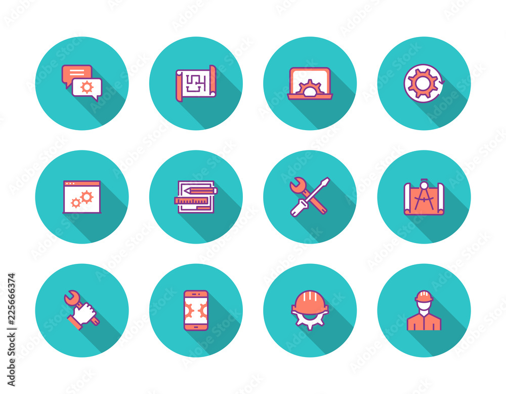 Engineering Colored Flat Line Icon Set