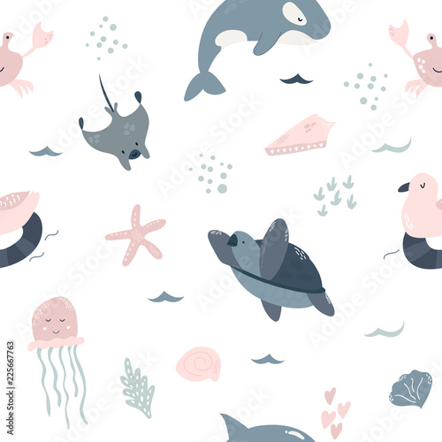 Seamless pattern baby print with cute sea animals