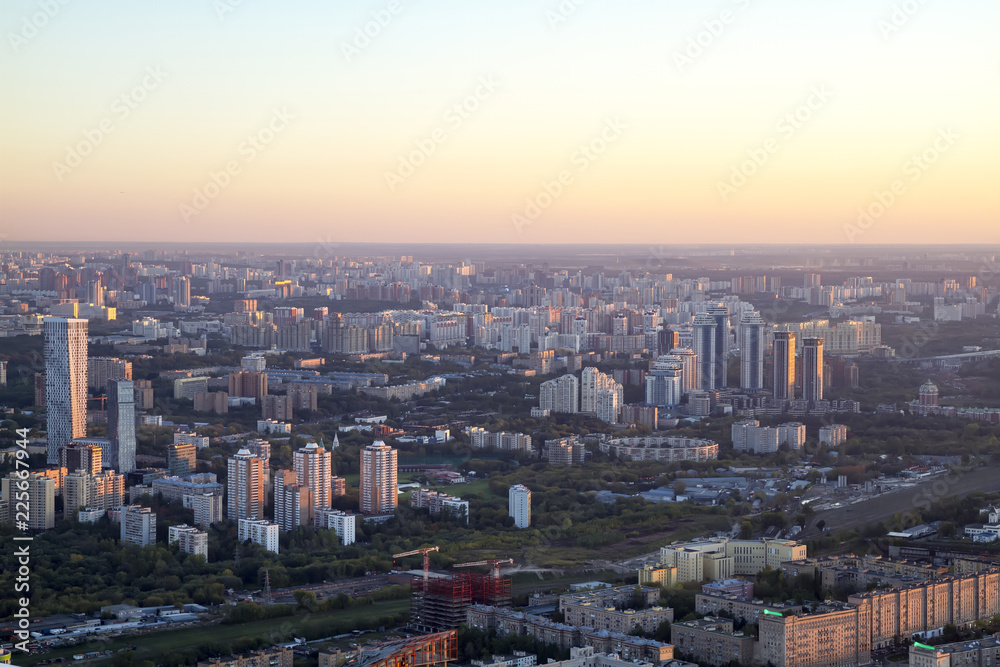 Panorama of Moscow from a height. Sunset.