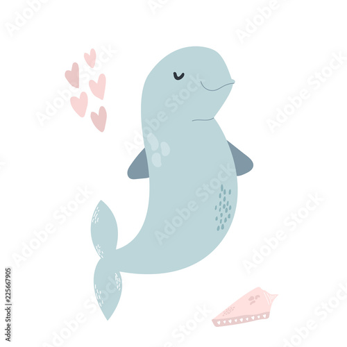 Baby print with blue beluga. Hand drawn graphic