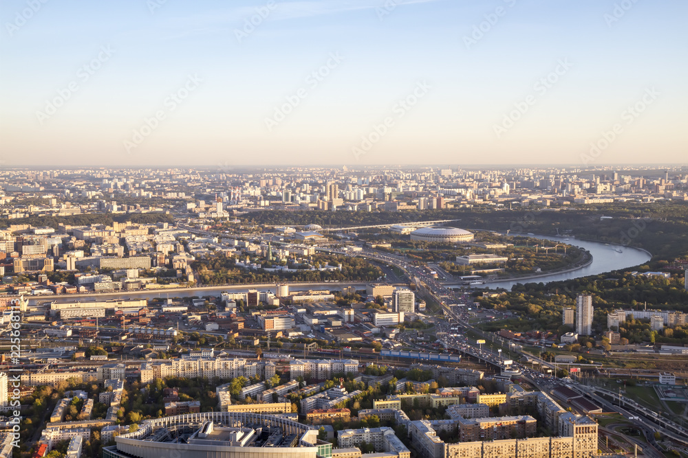 Capital of Russia. Panorama of Moscow at sunset from a height.