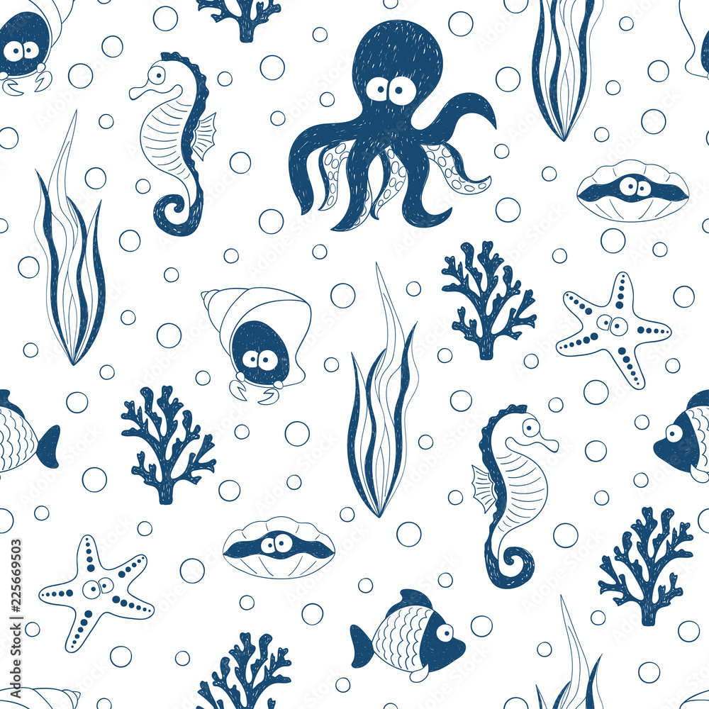 Cute sea animals seamless pattern in blue and white colors. Vector