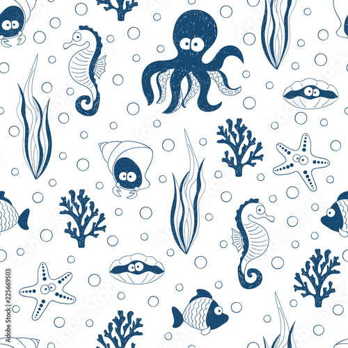 Cute sea animals seamless pattern in blue and white colors. Vector underwater background with children drawings