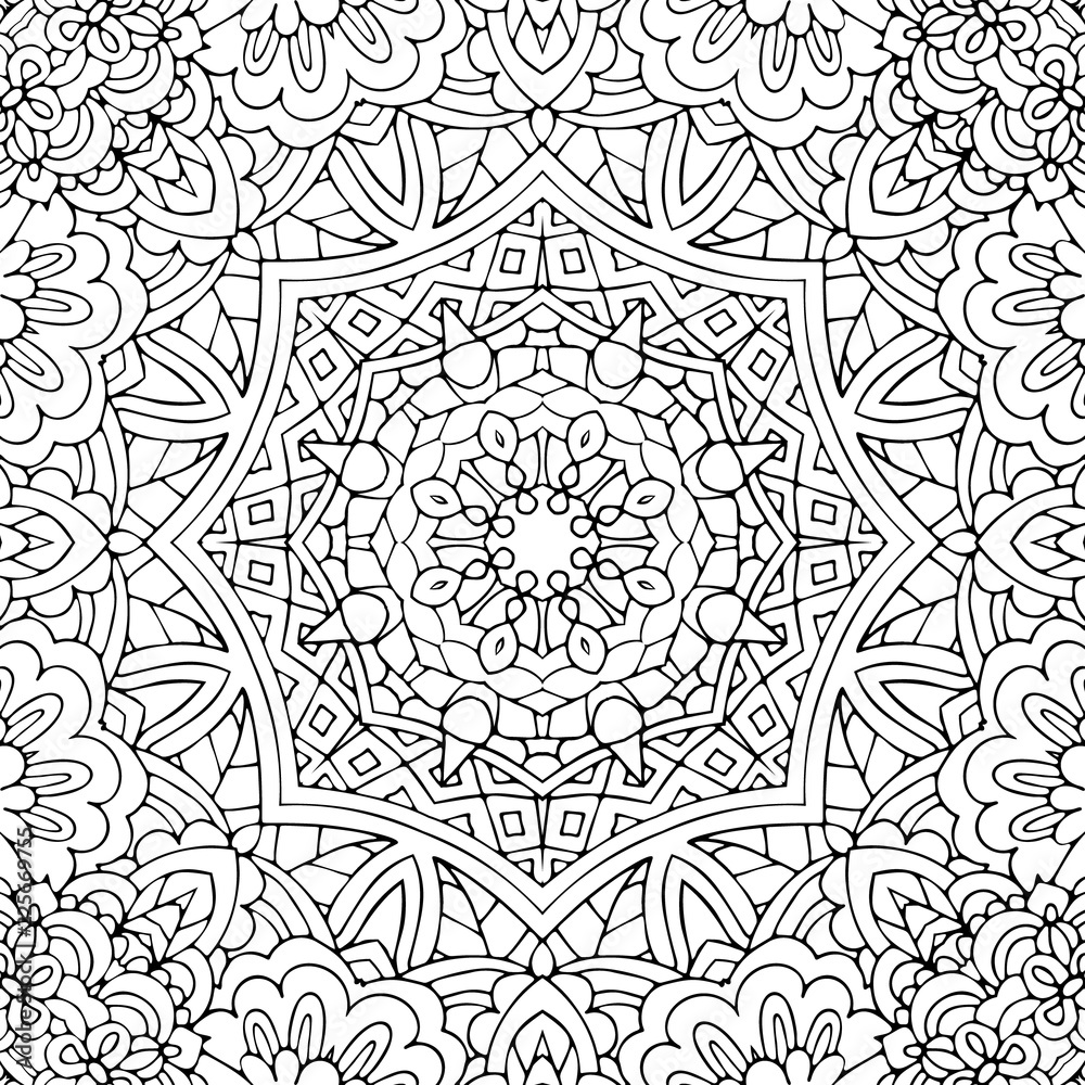 Seamless ethnic floral doodle black and white background pattern in ...
