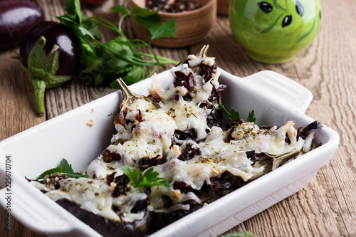 Stuffed eggplants with sun dried tomatoes and mozzarella cheese