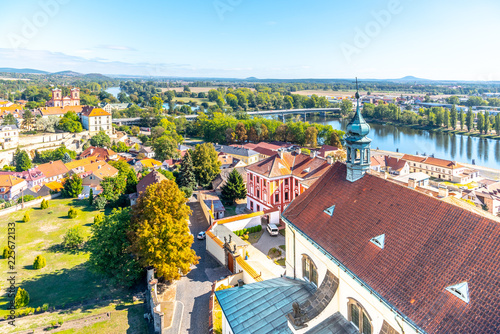 Aerial view of Litomerice and Labe River from cathedral bell tower on sunny summer day, Czech Republic. photo