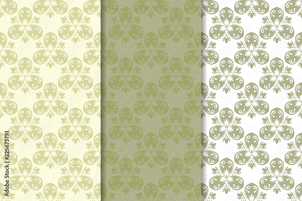 Set of pale olive green floral backgrounds. Seamless patterns - obrazy, fototapety, plakaty 