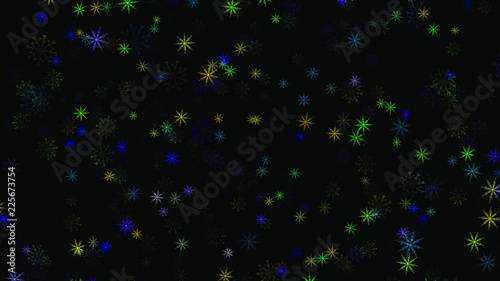 Abstract background with a variety of colorful snowflakes. Big and small.