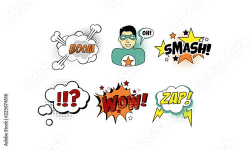 Bright comic templates set, speech bubbles, text sound effects vector Illustration on a white background