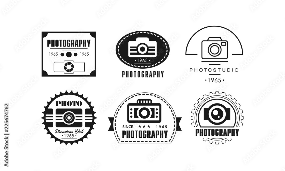 Photo studio logo set, photography black badge template in retro style vector Illustration on a white background