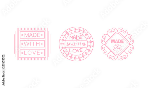 Made with love logo set, pink badges, labels, tags for hand made products vector Illustration on a white background