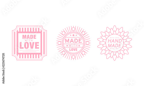 Hand made with love logo set, pink badges, labels, tags for hand made products vector Illustration on a white background