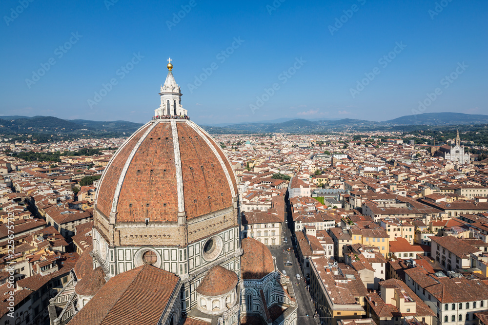 Looking down at the duomo in Florence from the top of Giotto's campanile; Santa Croce church can be clearly seen on the right