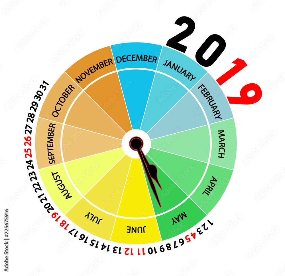 Vector 2019 calendar: May. Original calendar with the shape of a clock that indicates the month and the season of the year by color.