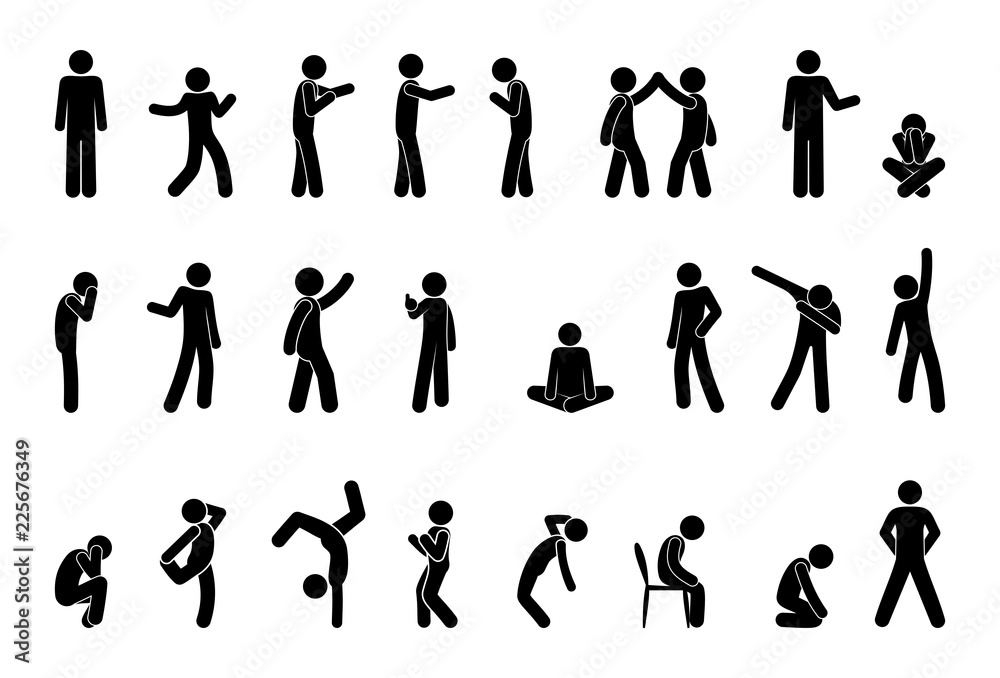 stick figure people pictogram, set of human silhouettes, man icon, various poses, gestures and movements - obrazy, fototapety, plakaty 