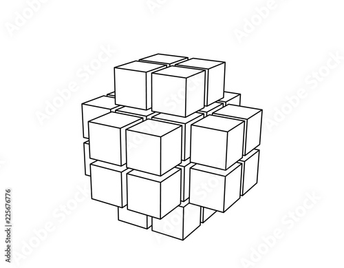 Abstract 3d shape from cubes. Vector outline illustration.