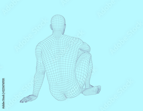 Man sitting on the ground. Wireframe human body. Vector illustration.