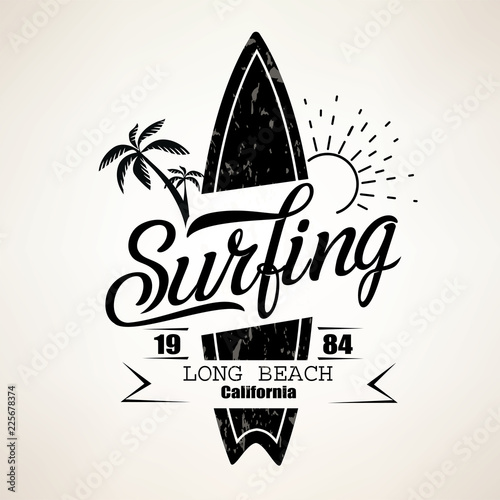 Surfing emblem template, surfboard silhouette with lettering photo