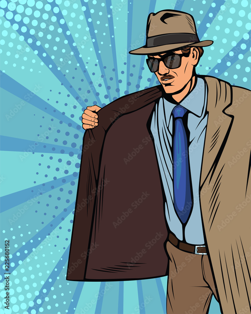 Smuggler is selling illegally on black market. Cloak-seller. Dealer in hat  and coat . Bootlegger. Vector illustration in pop art retro comic style.  Stock Vector | Adobe Stock