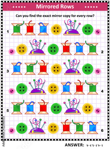 IQ training visual puzzle with colorful sewing spools, buttons, pins and pincushions: Match the pairs - find the exact mirror copy for every row. Answer included.
