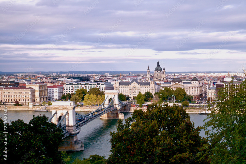 Landscape view of Chain Bridge and cityscape on the Danube in Budapest, Hungary. 