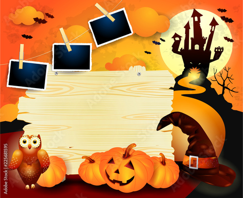 Halloween background with old sign, pumpkins, hat and photo frames