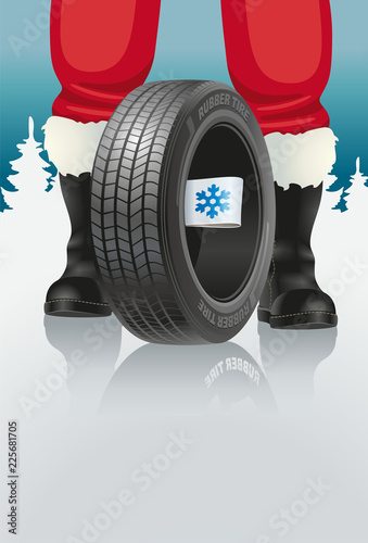 Santa and automobile tires. Santa offers automobile tires with winter marking for Christmas.
