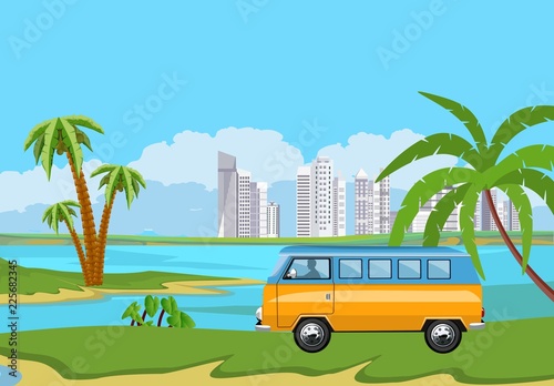 Summer time vacation  illustration. Camper van, minibus . Beach ocean tropical theme vacation. Travel van palm ree, ocean beach.