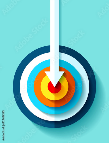 Volume Target icon in flat style on color background. White Arrow in the center aim. Vector design element for you business projects