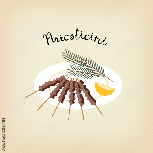 Vector illustration. Flat style icon of skewers of meat. Traditional italian food for different design.