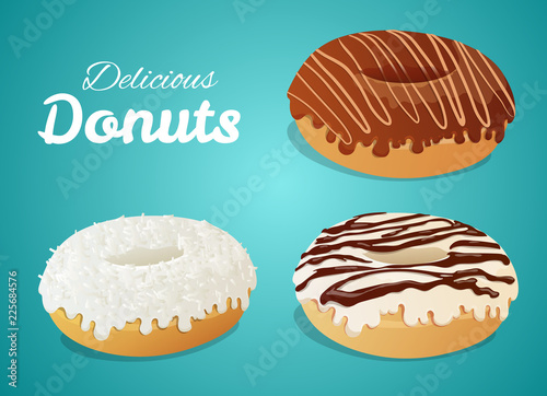 Set of three donuts with different icing, chocolate striped, coconut, white striped. Vector isolated on blue background.
