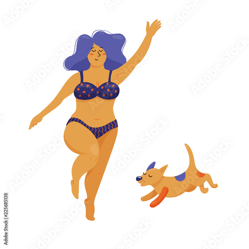 Beautiful plus size woman dancing, jumping in bikini with her dog, flat vector illustration isolated on white background. Pretty chubby woman dancing in bikini, body positive, self acceptance concept