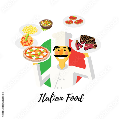 Vector illustration. Set flat style icons of traditional italian food. Cute cook with pizza margarita and text "Italian Food".