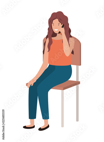 woman sitting in school chair with smartphone