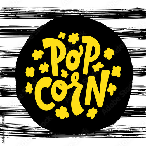Popcorn text label. Black and white. Vector illustration. photo