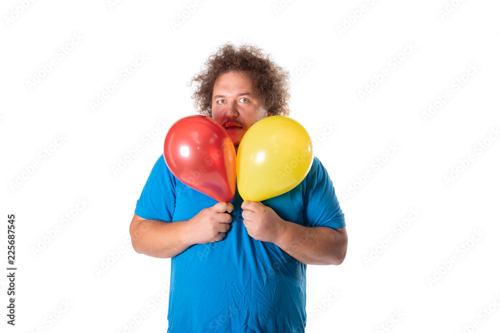 Funny fat man with balloons. Happy birthday Funny fat man with balloons. Happy birthday