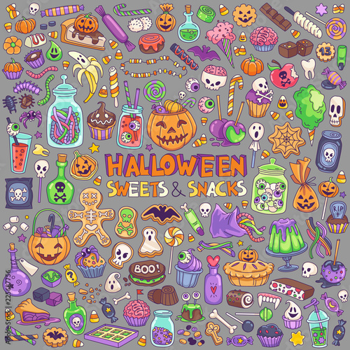 Halloween candies, sweets, snacks and drinks for trick-or-treating. Kids party menu hand drawn illustration.