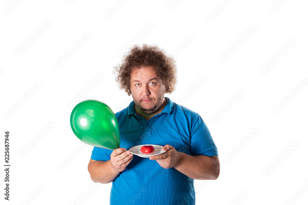 Funny fat man with cake and balloons. Happy birthday Funny fat man with cake and balloons. Happy birthday