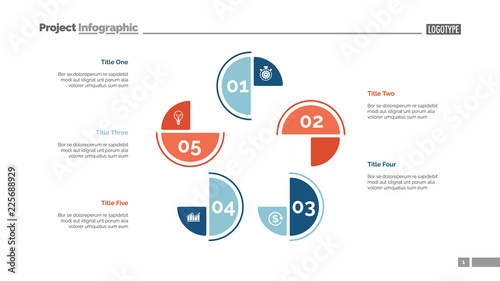 Cycle chart with five elements. Step diagram, process chart, layout. Creative concept for infographics, presentation, project, report. Can be used for topics like management, workflow, analysis.